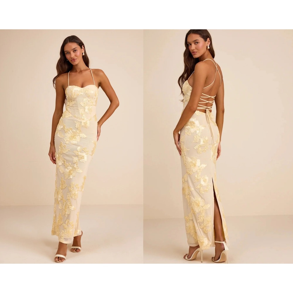 Lulus Nantessa Light Yellow Floral Applique Lace-Up Maxi Dress Size XL